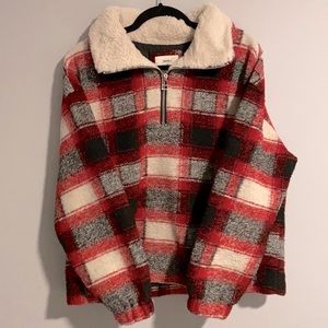 Red checkered Sherpa quarter zip jacket